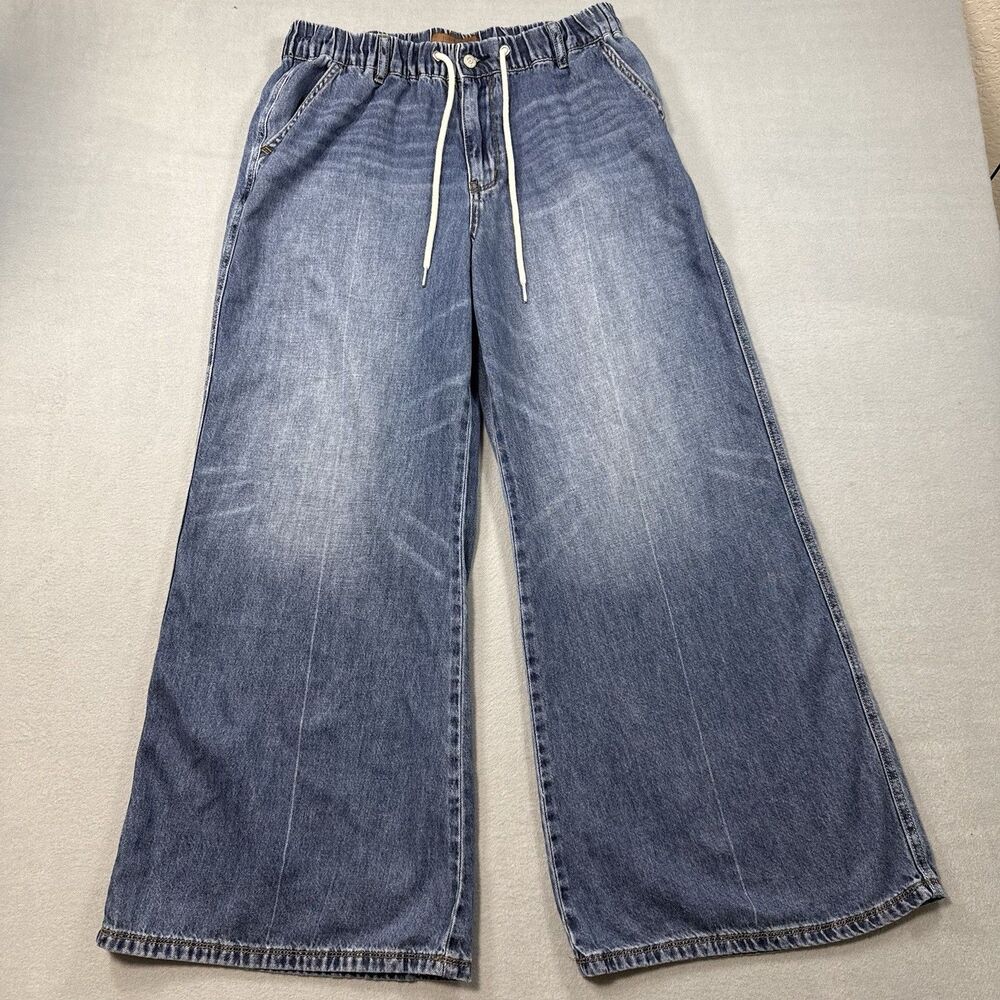 Judy Blue Wide Leg Jeans Size 11/30 Medium Wash Drawstring Elastic Waist LA